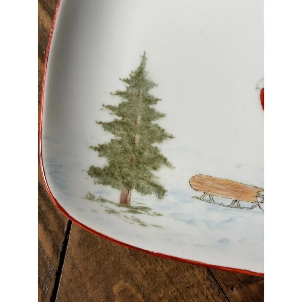 Hand Painted Ceramic Christmas Santa 10” Platter Whimsical Plate Sledding Tree